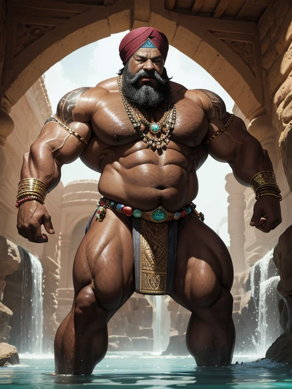 Hyperrealistic image of a full body Superhero Caliph with many jewels and bracelets with a bare torso very sweaty extremely over 80 years old very muscular and fat over 200 kg African American with a bare torso large flabby pecs with a huge turban decorated with huge jewels brown nipples very long gray hair and big gray mustaches with huge tattooed arms in an oasis in the Sahara desert inside a lagoon