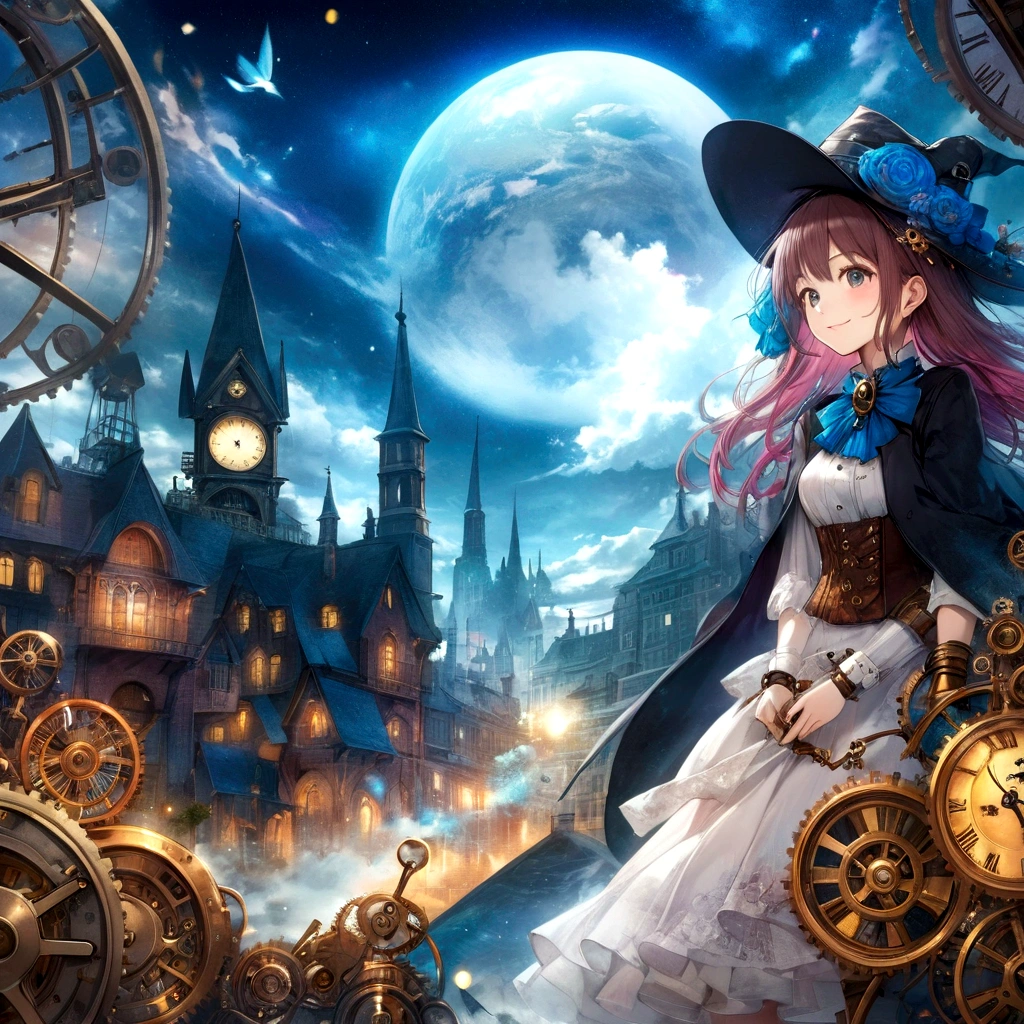 anime smiling girl in a hat and dress standing in front of a clock tower, anime fantasy artwork, anime fantasy illustration, mechanized witch girl, steampunk beautiful anime woman, detailed key anime art, beautiful fantasy anime, hd anime wallaper, dreampunk romanticism artwork, anime art wallpaper 4k, anime art wallpaper 4 k, intricate ornate anime cgi style, detailed steampunk illustration