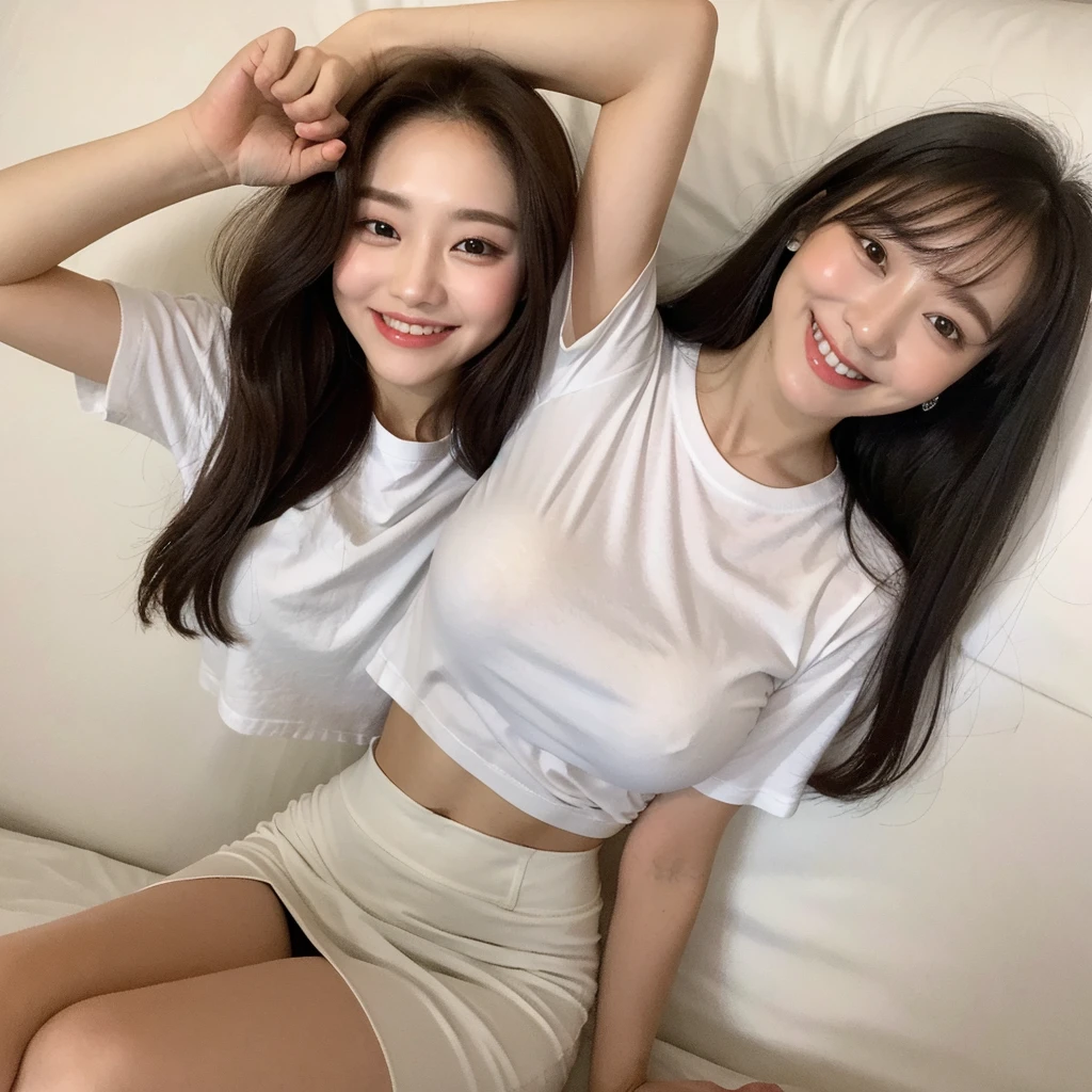 white tight shirt、white tight mini skirt、bed、smile、short sleeve、high resolution、Korean idol face