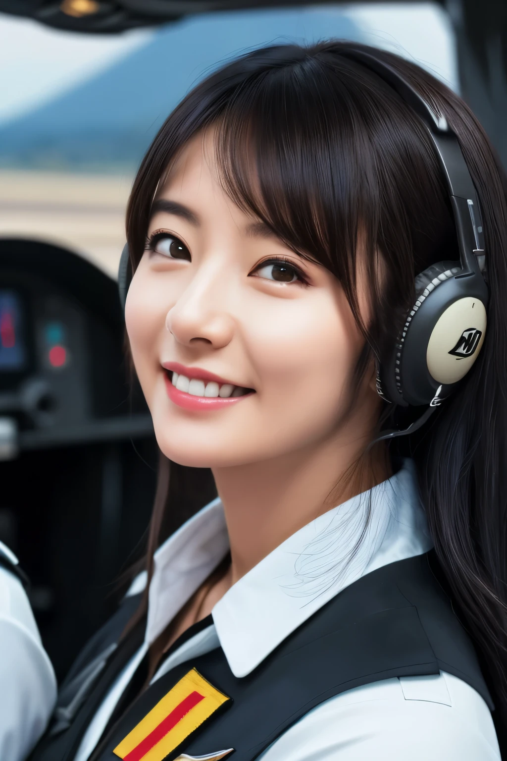 Female pilots in fighter jets、, black hair, straight hair, parted lips, nervous smile, Surrealism, cinematic lighting, tachi-e, first-person view, Nikon, UHD, masterpiece, anatomically correct, textured skin, high quality, award winning, best quality, highres, 8k