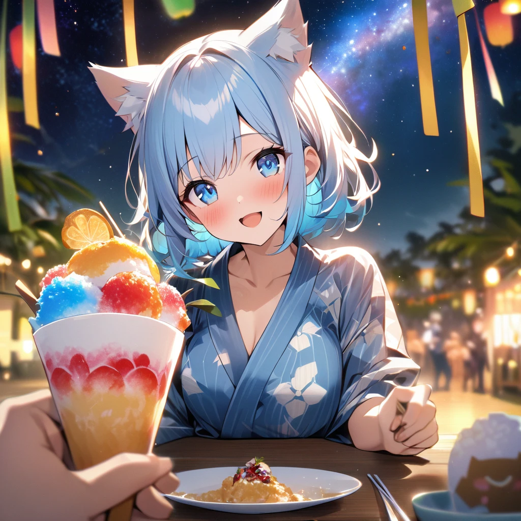 Best quality, masterpiece, Wishing Girl,light blue hair,blue eyes,wolf cut hair,cat ear,smile, looking up at the sky, yukata, Milky Way, night view, Tanabata Festival, large tall bamboos and colorful hanging decoration,gold light particles effect,{{incoming_shaved ice}}, {{feeding}}, holding_spoon, foreshortening,{{blurry_foreground}}, blush, open mouth, head_tilt, upper_body, parfait on the table, table, looking at viewer, pov, perfect anatomy, speech bubble,