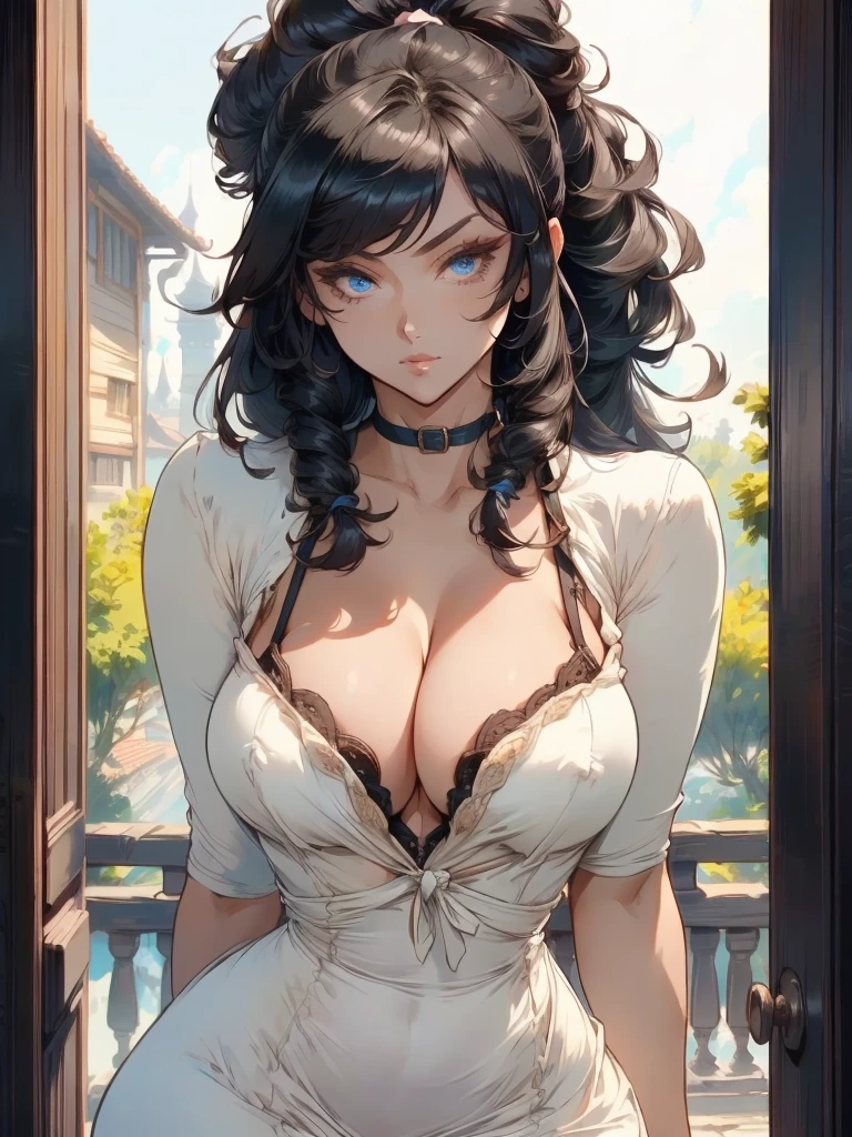 ,(((,beautiful breasts,round breasts,cleavage,dress))),houki shinonono, long hair, blue eyes, black hair, ribbon, hair ribbon, ponytail,masterpiece, extremely fine and beautiful,high Quality,best quality,