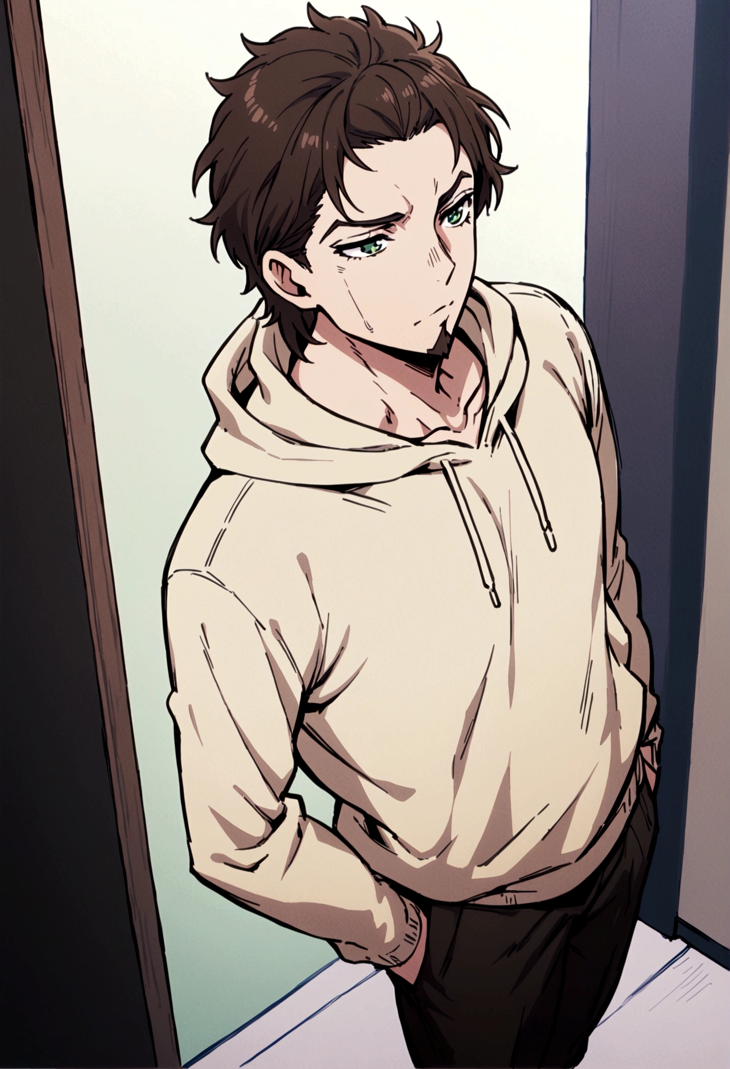 fullbody,masterpiece,standing,light brown hoodie,dark brown short hair,green eyes,(bangs),adult,1boy,solo,light stuble,(slight beard),slim,