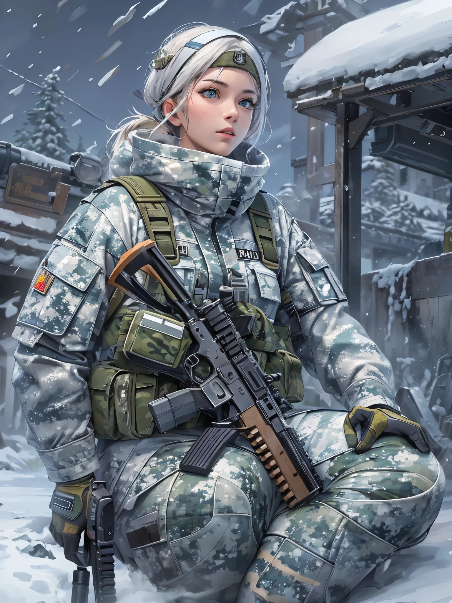 ((Highest quality)),(Ultra-high resolution),(Ultra-detailed new),(Detailed Description),((The best CG)),(masterpiece),Highly detailed art,A wonderful new art form,(Art with precise details:1.5), Frozen Earth:1.6, (Female Soldier:1.4),(Snowfield camouflage uniform:1.6)