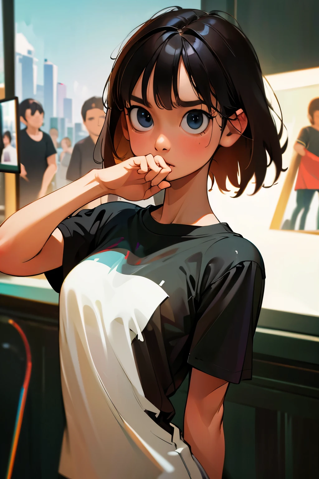 8k, RAW photos, top quality, masterpiece: 1.2), ultra detail, super resolution, (real, real photos: 1.37), plain black t-shirt