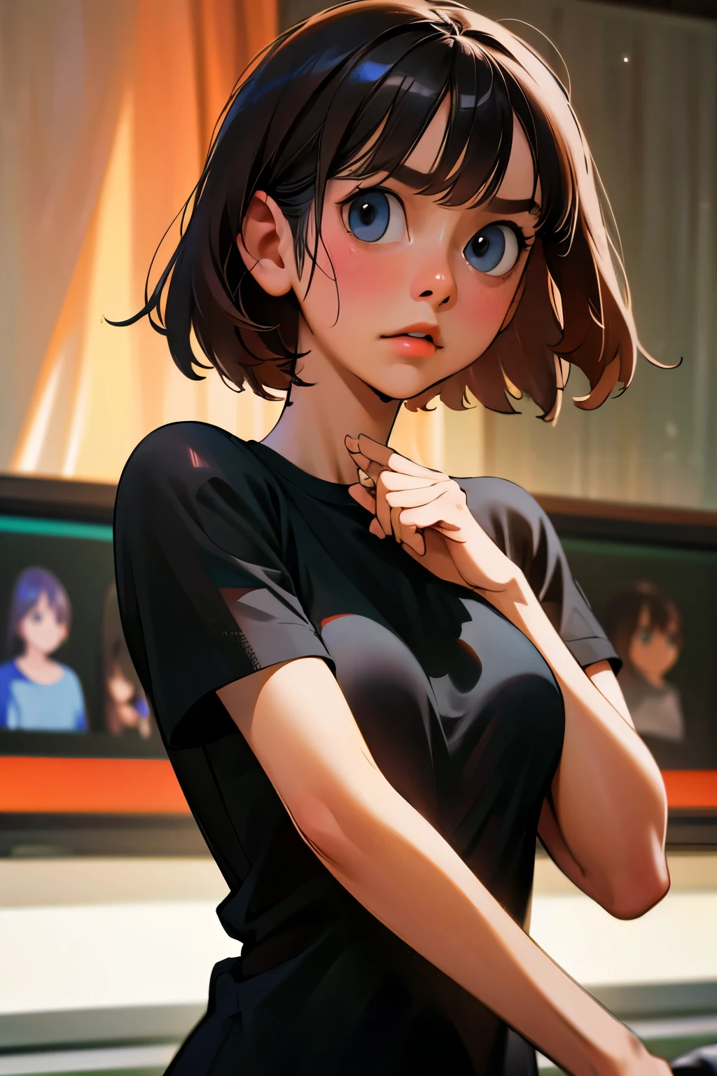 8k, RAW photos, top quality, masterpiece: 1.2), ultra detail, super resolution, (real, real photos: 1.37), plain black t-shirt