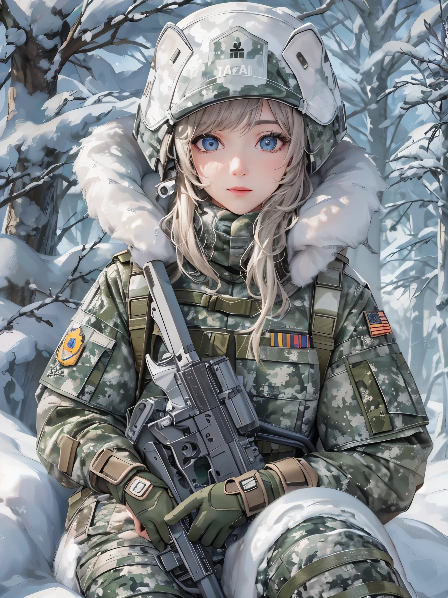 ((Highest quality)),(Ultra-high resolution),(Ultra-detailed new),(Detailed Description),((The best CG)),(masterpiece),Highly detailed art,A wonderful new art form,(Art with precise details:1.5), Frozen Earth:1.6, (Female Soldier:1.4),(Snowfield camouflage uniform:1.6)