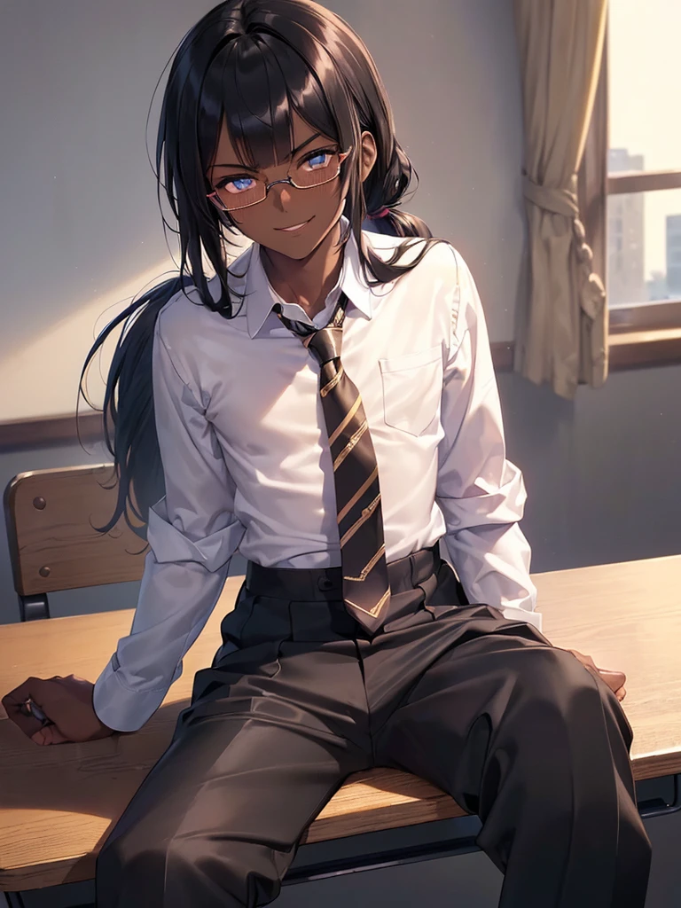 (1 feminine boy solo),(dark skin:1.5),(masterpiece:1.2), highest quality, High resolution, unity 8k wallpaper, (fine and beautiful eyes:1.6), highly detailed face, perfect lighting, Detailed CG, (perfect hands, perfect anatomy),20 years old, (black hair:1.3), detailed eyes, best quality, extremely detailed, very precise detailed, (glasses:1.4), , (straight hair:1.5), (evil smile:1.4) ,long sidelocks, (blush:1.3),(sit on desk:1.3),(Put left knee in front:1.5),(boy's school uniform long pant:1.5),(loosen necktie:1.2),spread legs,bend knee,(open shirt:1.3),(low ponytail),(blunt bangs:1.4)