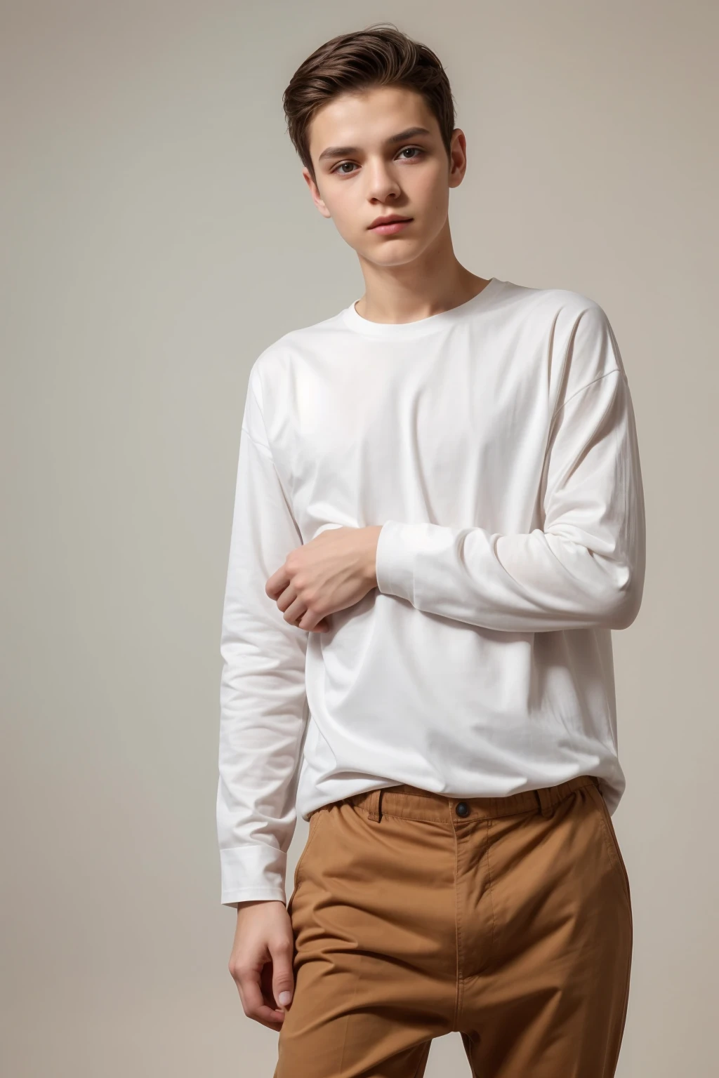 A beautiful young male twink with black hair and a white face with makeup. He is wearing a long-sleeved shirt, a tight-fitting shirt, brown, aqua blue pants, and brown shoes. He is fully visible and a white background.