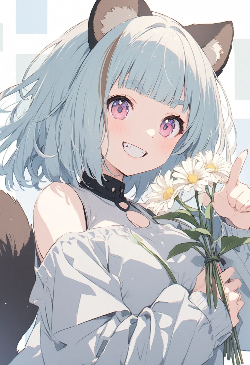 anime,(pale colors:1.8),long shot, 1girl, (on right:1.3), solo, cat mouth, dynamic angle, holding flower, pointing up, grin, smile, fang,  blue hair, bobcut, straight hair, racoon ears, racoon tail, (brown streaked hair:1.3), (blunt bangs) ,thick eyebrows, big breast, off shoulder clothes, cutout,  striped background, shadow, 