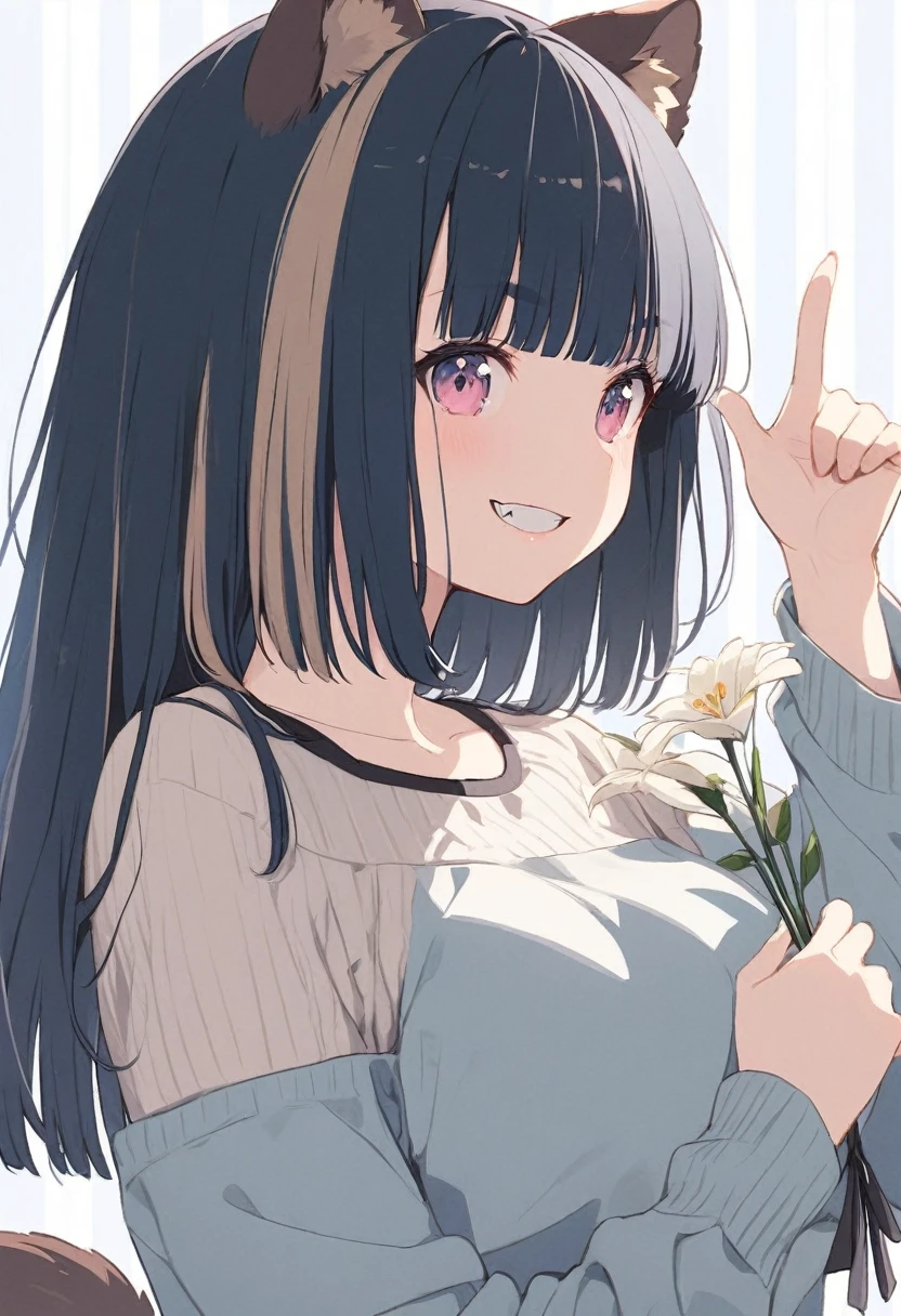 anime,(pale colors:1.8),long shot, 1girl, (on right:1.3), solo, cat mouth, dynamic angle, holding flower, pointing up, grin, smile, fang,  blue hair, bobcut, straight hair, racoon ears, racoon tail, (brown streaked hair:1.3), (blunt bangs) ,thick eyebrows, big breast, off shoulder clothes, cutout,  striped background, shadow, 