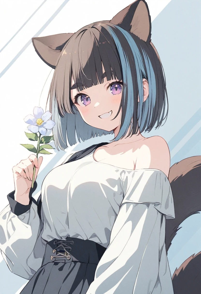anime,(pale colors:1.8),long shot, 1girl, (on right:1.3), solo, cat mouth, dynamic angle, holding flower, pointing up, grin, smile, fang, blue hair, bobcut, straight hair, racoon ears, racoon tail, (brown streaked hair:1.3), (blunt bangs) ,thick eyebrows, big breast, off shoulder clothes, cutout, striped background, shadow,