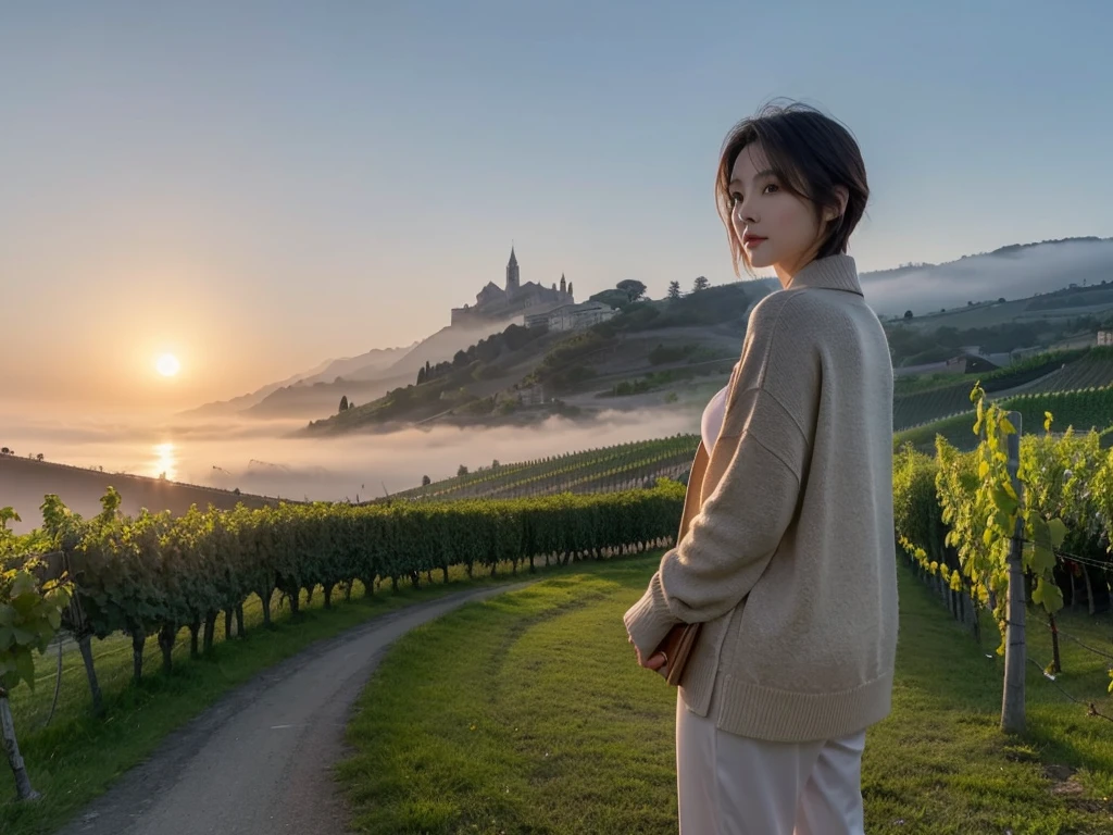 8k best picture quality, Beautiful 36-year-old Korean woman, short and nice weather. Chest size 34 inches, Dense fog at dawn in the Italian countryside, past the vineyard, The cathedral is visible in the fog in the distance., The back background is realistic and vivid image quality, Short and medium hair blowing in the wind, Wearing high-end luxury brand travel clothes, pants and cardigan., a faint smile. the background is clear, Short and slim Korean woman, stand far away, Photo taken with a wide-angle lens, In the dark of dawn