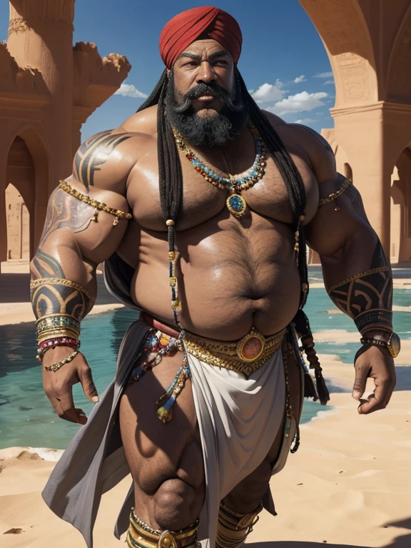 Hyperrealistic image of a full body Superhero Caliph with many jewels and bracelets with a bare torso very sweaty extremely over 80 years old very muscular and fat over 200 kg African American with a bare torso large flabby pecs with a huge turban decorated with huge jewels brown nipples very long gray hair and big gray mustaches with huge tattooed arms in an oasis in the Sahara desert inside a lagoon 