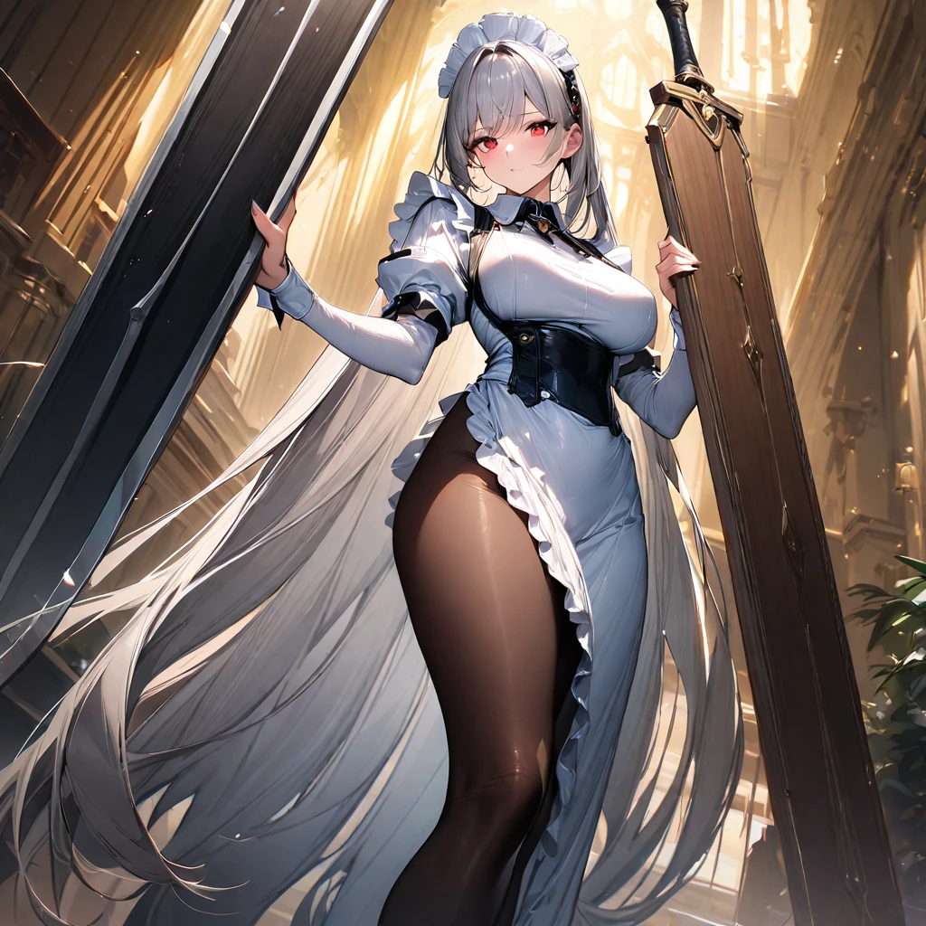(masterpiece),(Highest quality),(Super detailed),(Best illustrations),(so beautiful), Beautiful Eyes, Perfect Face, Perfect hands, Perfect Fingers, hanging breasts, so beautiful長い脚, Silver Hair, Red eyes, Very long hair, pantyhose, Maid, headdress, apron, Long skirt, holding weapon, greatsword, carrying over shoulder