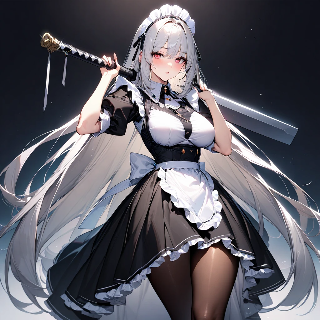 (masterpiece),(Highest quality),(Super detailed),(Best illustrations),(so beautiful), Beautiful Eyes, Perfect Face, Perfect hands, Perfect Fingers, hanging breasts, so beautiful長い脚, Silver Hair, Red eyes, Very long hair, pantyhose, Maid, headdress, apron, Long skirt, holding weapon, greatsword, carrying over shoulder