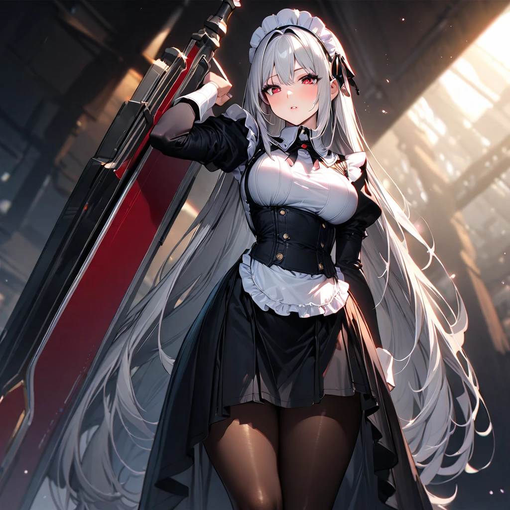 (masterpiece),(Highest quality),(Super detailed),(Best illustrations),(so beautiful), Beautiful Eyes, Perfect Face, Perfect hands, Perfect Fingers, hanging breasts, so beautiful長い脚, Silver Hair, Red eyes, Very long hair, pantyhose, Maid, headdress, apron, Long skirt, holding weapon, greatsword, carrying over shoulder