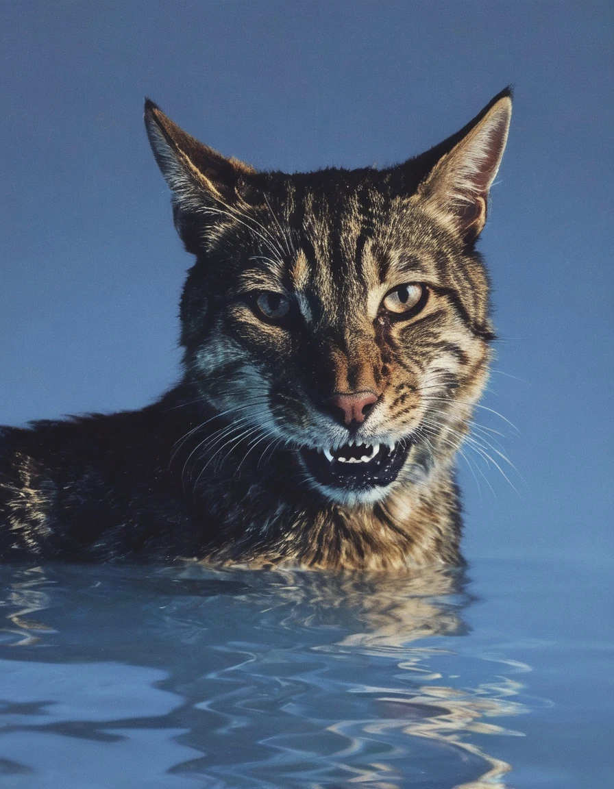 cat in water, light blue background