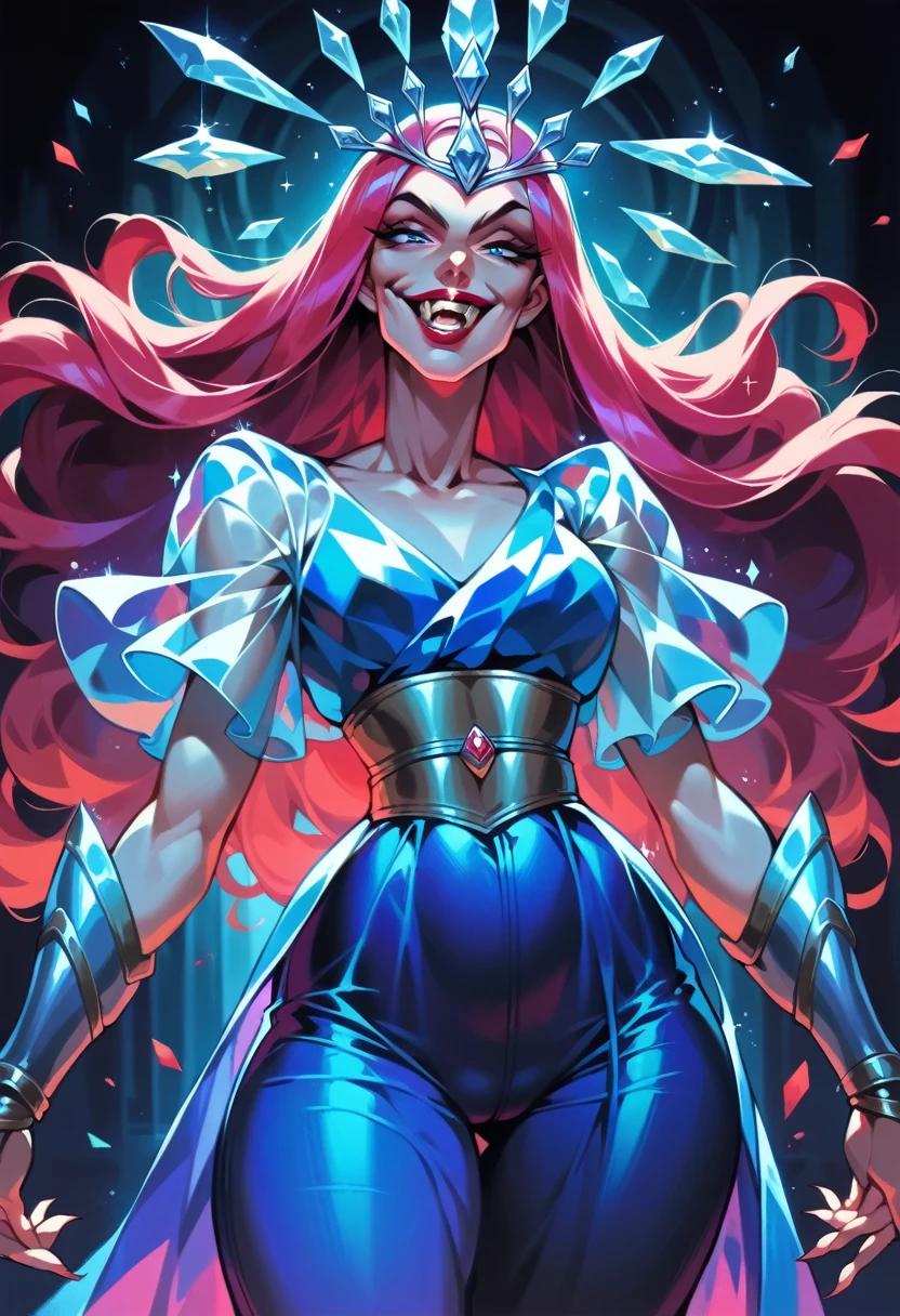 Older female, gilf, mature, 6 arms, sparkling translucent robe, shimmering long hair, iridescent body, iridescent skin, thick lips, fangs, neon lipstick, ifbb, abs, small waist, skinny waist, narrow waist, thin waist, skinny, slender body, lean body, lean waist, trim waist, perspective, thick thighs, seethrough mesh pants, seethrough pants, tight pants, crystal Greaves, diamond headpiece, salacious, malicious 