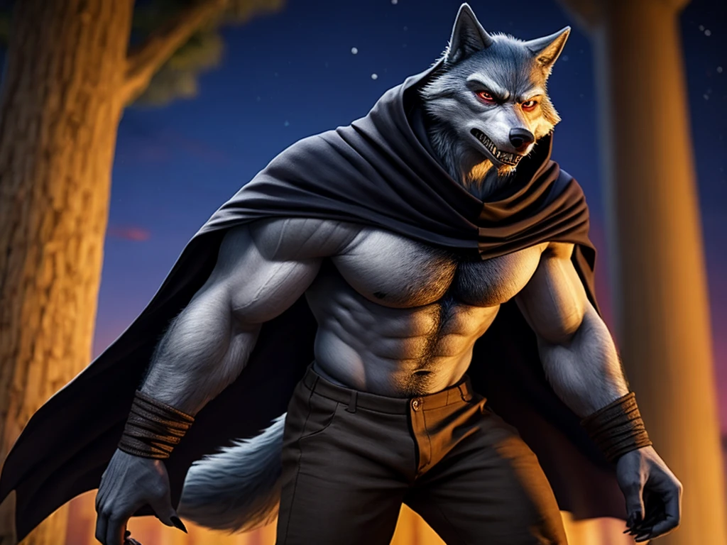 Death is a anthropomorphic silvery-white wolf with an elongated snout, gray mask-like markings on his face, sharp teeth, and glaring sinister red eyes, who has a well-built body, He wears a black cloak with a built-in hood, and brown trousers under the cloak, He also has brownish-gray wraps around his wrists and calves, and carries a pair of razor-sharp sickles, anthro wolf, male, adult, grey fur, buffed body, sexy, beefy body, furred body, beautiful, furry chest hair, realistic, full body, photorealistic, ultra realistic, 8k, night, bare-chested