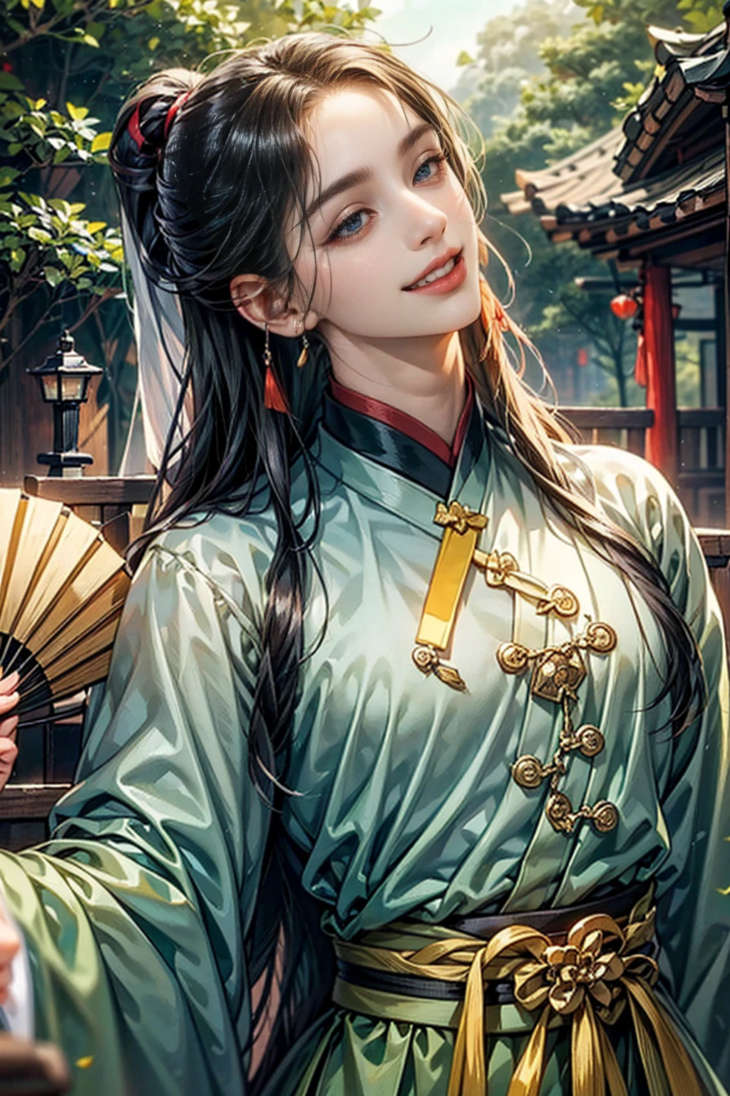 xianxia, (((best quality))),masterpiece,ultra high resolution,extraordinarily beautiful youth, a bright, villains smile,All green clothing,((boy 24 year old, green hanfu,green clothing, Chinese shirt style)) ,boy character ,((Thick black long hair)),beautiful face,detailed interior, detailed boy,((man)),(in bamboo forest), house China style, pure white lotus,beautiful and cute boy ,black eyes,((solo man)),(he has a Big eyes, charming lips, slim nose and small face),(slim figures ),ponytail and 冠, Hiogi fan,Japanese fan ,very long hair, thick hair, black hair ,eyes detailed,pony tails,