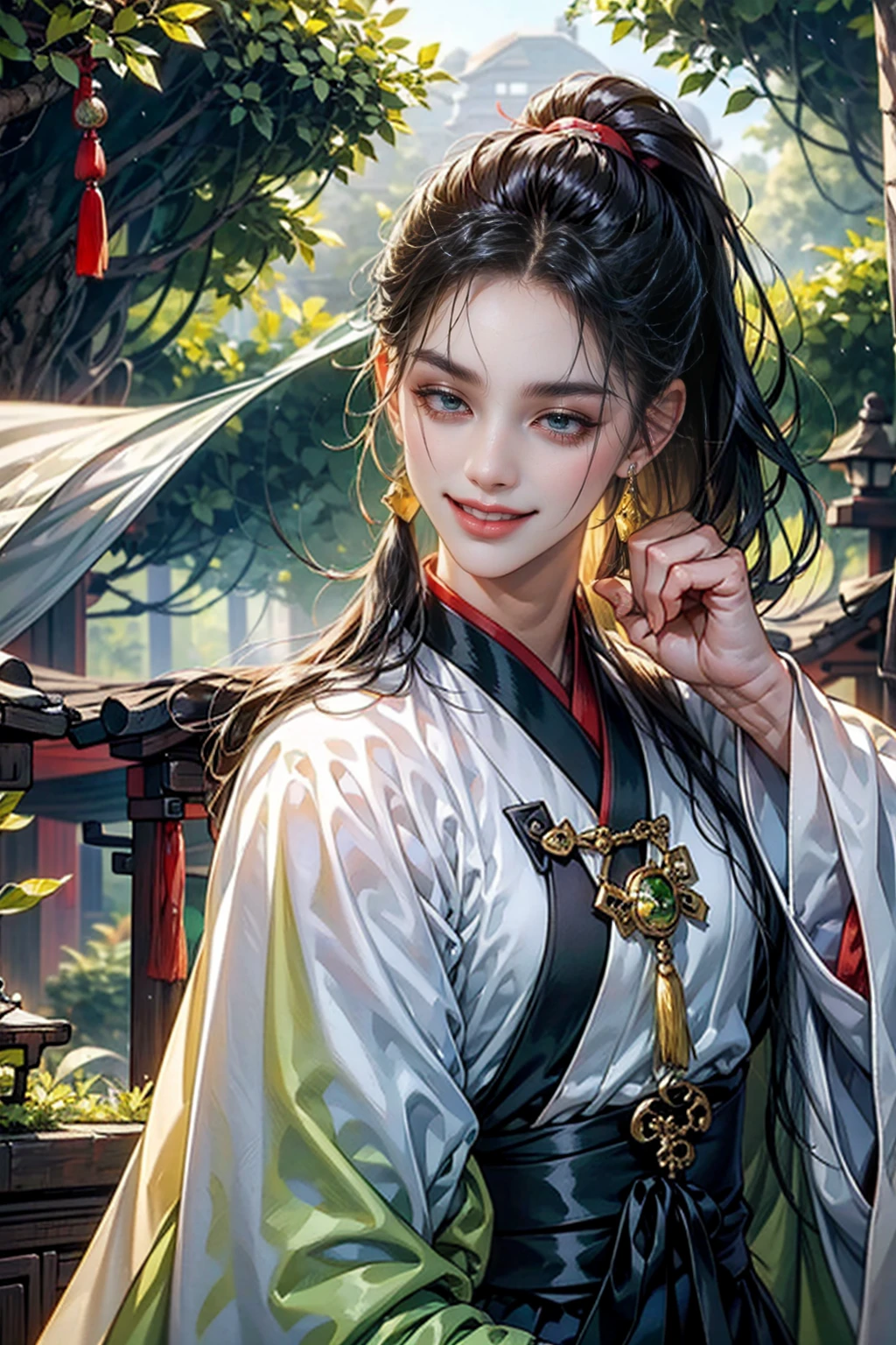 xianxia, (((best quality))),masterpiece,ultra high resolution,extraordinarily beautiful youth, a bright, villains smile,All green clothing,((boy 24 year old, green hanfu,green clothing, Chinese shirt style)) ,boy character ,((Thick black long hair)),beautiful face,detailed interior, detailed boy,((man)),(in bamboo forest), house China style, pure white lotus,beautiful and cute boy ,black eyes,((solo man)),(he has a Big eyes, charming lips, slim nose and small face),(slim figures ),ponytail and 冠, Hiogi fan,Japanese fan ,very long hair, thick hair, black hair ,eyes detailed,pony tails,