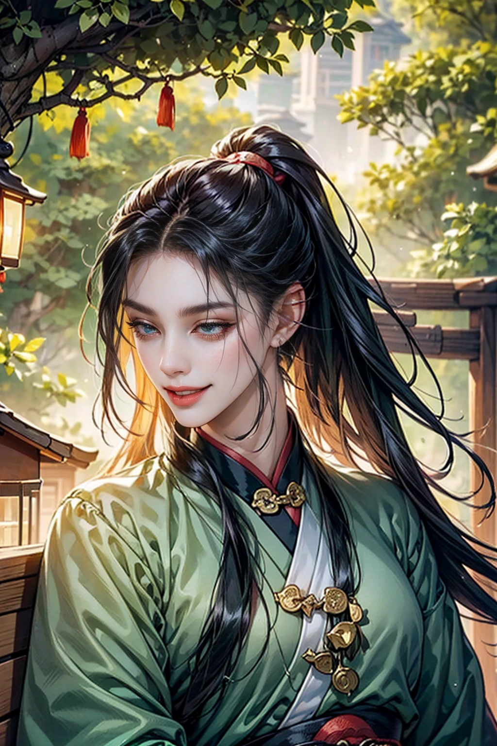 xianxia, (((best quality))),masterpiece,ultra high resolution,extraordinarily beautiful youth, a bright, villains smile,All green clothing,((boy 24 year old, green hanfu,green clothing, Chinese shirt style)) ,boy character ,((Thick black long hair)),beautiful face,detailed interior, detailed boy,((man)),(in bamboo forest), house China style, pure white lotus,beautiful and cute boy ,black eyes,((solo man)),(he has a Big eyes, charming lips, slim nose and small face),(slim figures ),ponytail and 冠, Hiogi fan,Japanese fan ,very long hair, thick hair, black hair ,eyes detailed,pony tails,