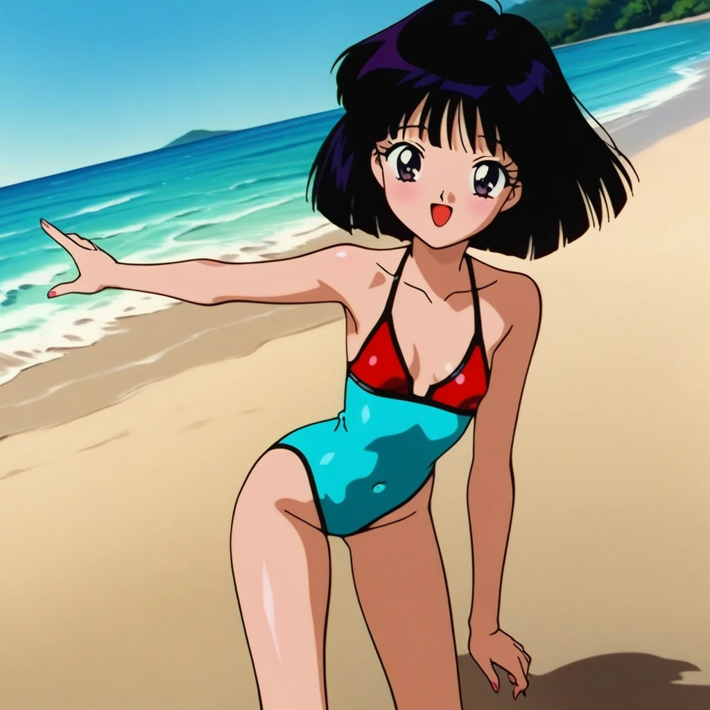 masterpiece, best quality, very aesthetic, absurdres, Sailor Saturn XL, 1990s \(style\), perfect face, perfect composition, moist skin, intricate details, beautiful eyes, (vibrant colors:1.1), BREAK 1girl, solo, , short hair, black hair, purple eyes, small breasts, sexy swimsuit, highleg, shiny clothing, BREAK smile, blush, open mouth, sexy pose, outdoors, beach, blue sky, wind, dynamic angle,