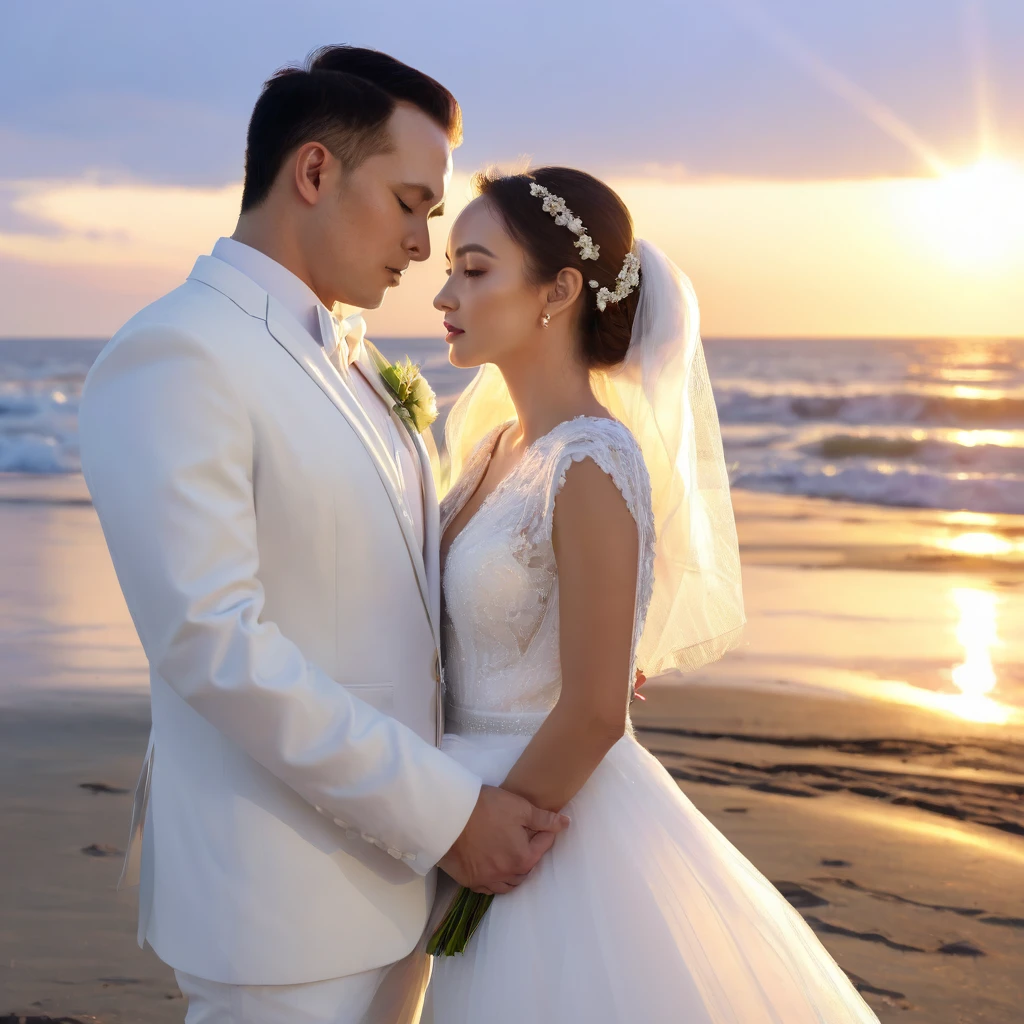 cinematographic style, cinematography, Tyndall effect, a beautiful couple standing forehead to forehead on a beach at sunset, the groom wearing a white tuxedo, the bride wearing a pristine white wedding dress, backlit, raytraced, rim lighting, hard shadow, (best quality,4k,8k,highres,masterpiece:1.2),ultra-detailed,(realistic,photorealistic,photo-realistic:1.37),UHD,studio lighting,ultra-fine painting,sharp focus,physically-based rendering,extreme detail description,professional,vivid colors,bokeh, フィルムグレイン