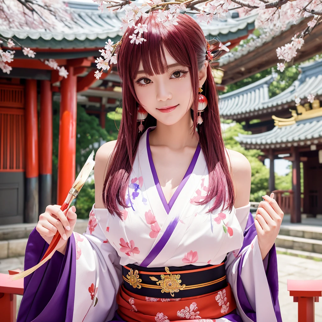 futanari, dick girl, penis, One girl, (Urzan-6500:0.7), K-Pop Idols, yae miko, Removable sleeves, Bare shoulders, Pink Hair, Long Hair, kimono, Highest quality, (Painting:1.5), (hair ornaments:1.35), jewelry, Purple eyes, Earrings, chest, torii,  cherry blossoms,  Lantern Light, Depth of written boundary, Detailed face, Face Focus, ribbon_trim, (View your viewers:1.25), Non-traditional Shrine Maiden, Shiny skin, Long sleeve, smile, Thick lips, Game CG, Put your hand on your lips, East Asian architecture, (Blurred Background:1.2), Sitting, Upper Body,
