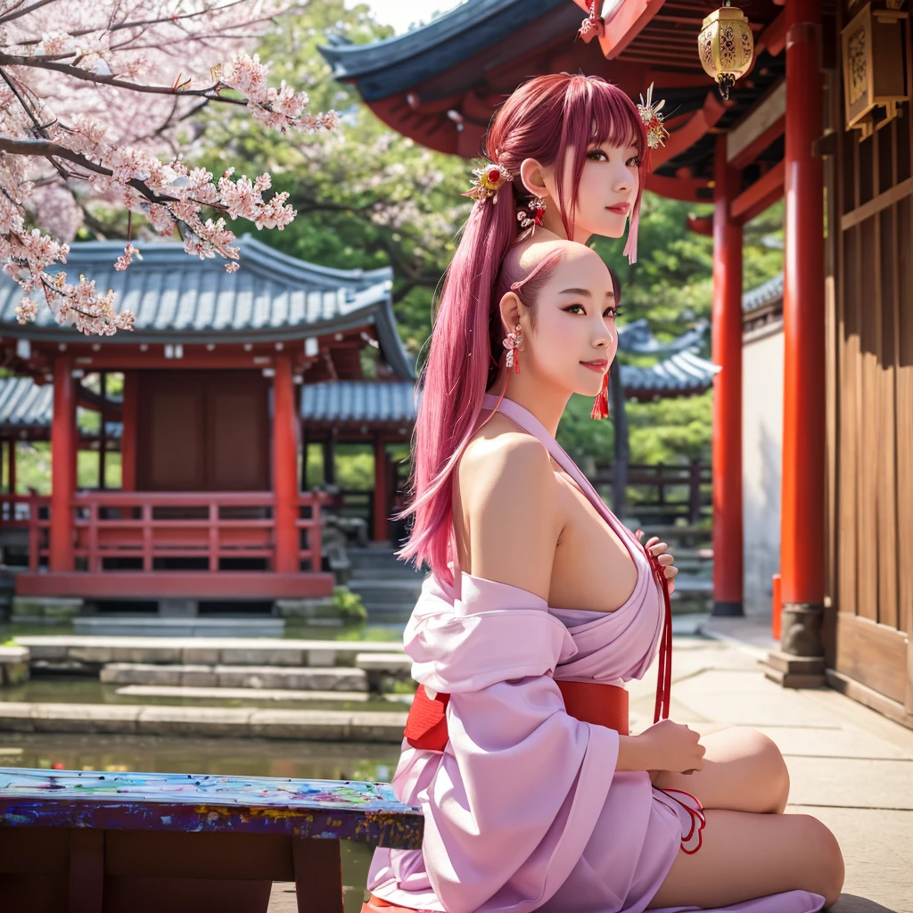 futanari, dick girl, penis, One girl, (Urzan-6500:0.7), K-Pop Idols, yae miko, Removable sleeves, Bare shoulders, Pink Hair, Long Hair, kimono, Highest quality, (Painting:1.5), (hair ornaments:1.35), jewelry, Purple eyes, Earrings, chest, torii,  cherry blossoms,  Lantern Light, Depth of written boundary, Detailed face, Face Focus, ribbon_trim, (View your viewers:1.25), Non-traditional Shrine Maiden, Shiny skin, Long sleeve, smile, Thick lips, Game CG, Put your hand on your lips, East Asian architecture, (Blurred Background:1.2), Sitting, Upper Body,