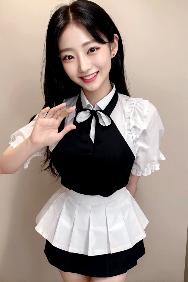 mini skirt, people間らしい肌質,１people、 maid Cafe、Maid clothes, Delicate skin quality、日本people、((Highest quality, 4K, Masterpiece: 1.3)), Beautiful style: 1.4, Black Hair, Large Breasts, Sweaty, Hands behind back, smile, Highly detailed face and skin texture, Fine grain, double eyelid、The whole body is visible、White teeth