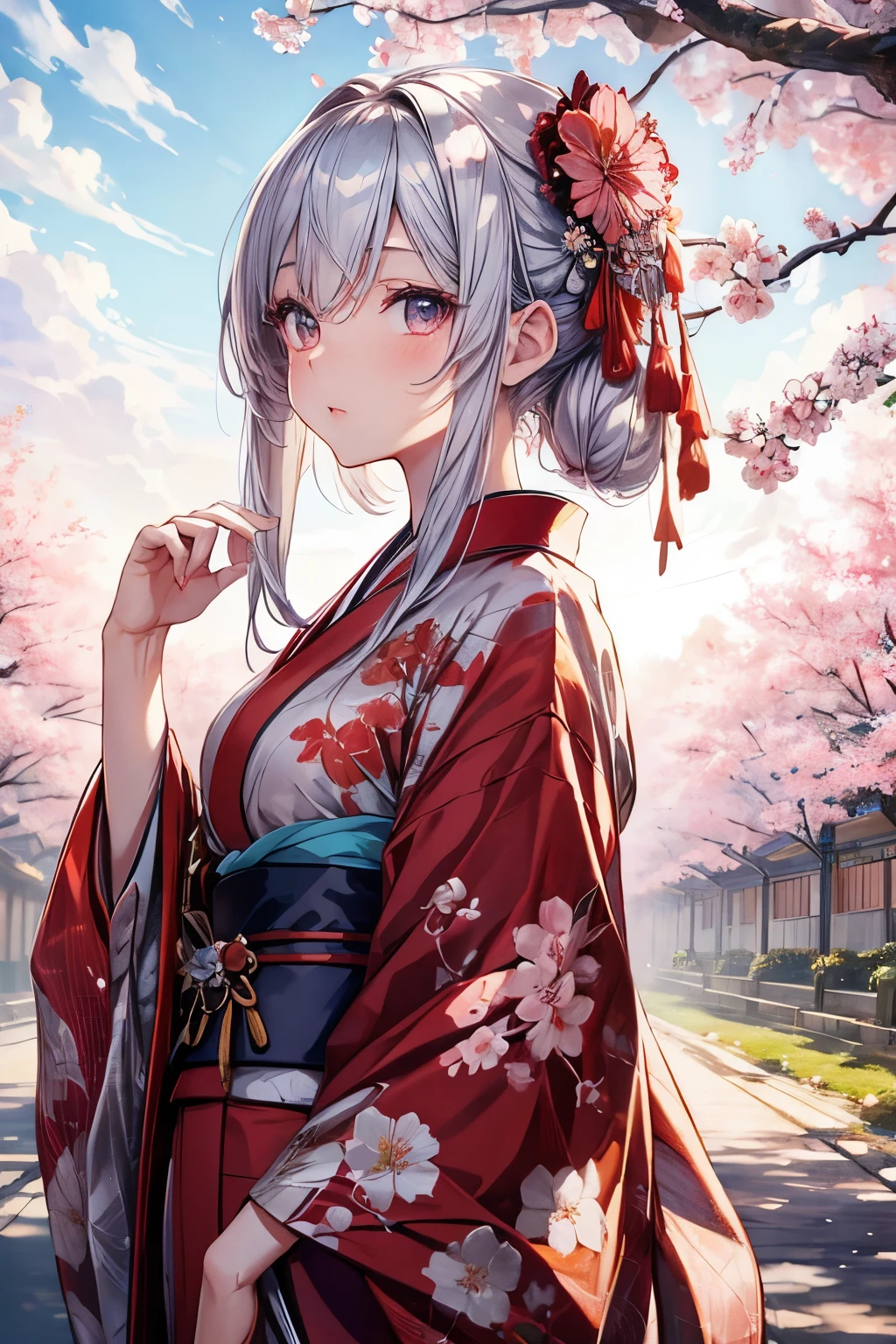 masterpiece,Highest quality,Very detailed,A beautiful girl with silver hair looking up at the sky,Beautiful and detailed eyes,Beautiful red kimono,skinny,Small breasts,Cherry blossom trees
