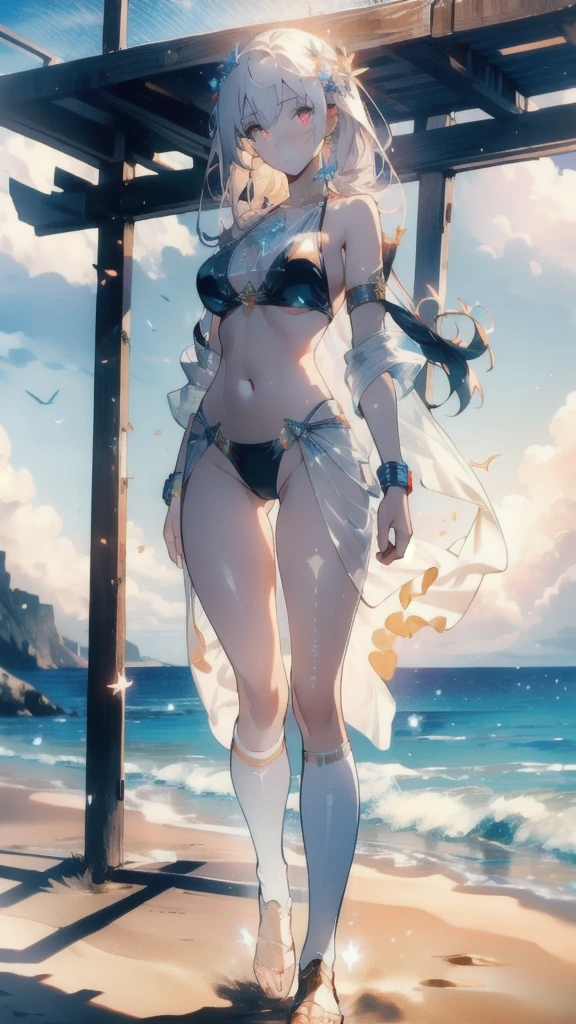 ((masterpiece, best quality)), Epic battlefield atmosphere，Delicate face，goddess，Wheat skin，seaside，Beach，whole body，Standing picture，glowing eyes，Large Breasts，Perfect body proportions，Pure white background，firefly，Transparent sex bikini