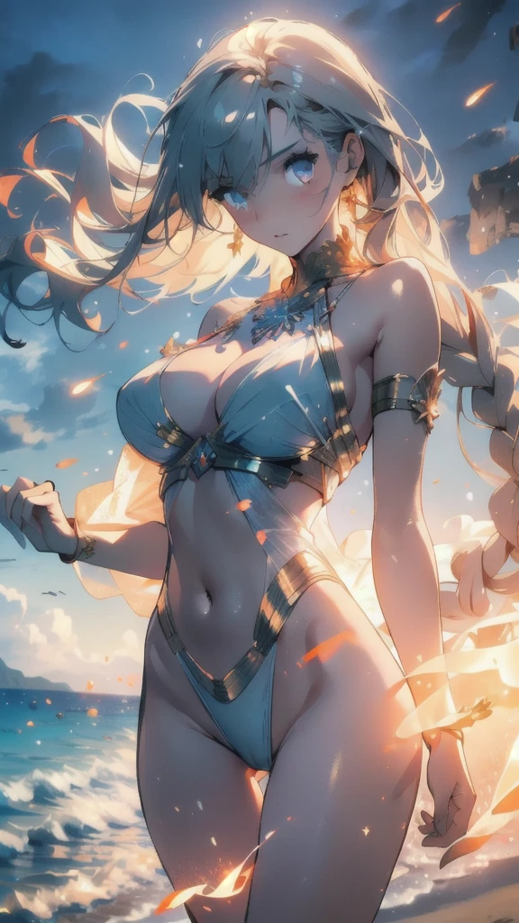 ((masterpiece, best quality)), Epic battlefield atmosphere,Delicate face,goddess,Wheat skin,seaside,Beach,whole body,Standing picture,glowing eyes,Large Breasts,Perfect body proportions,Pure white background,firefly,Transparent sex bikini