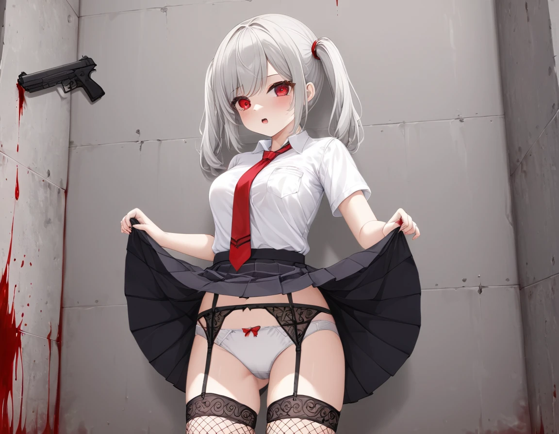 Girl shooting two guns、A girl covered in blood after being splashed with blood. She lifts her skirt with both hands.、Showing off cute white underwear.、Black garter belt、Black rough fishnet stockings、Plain white shirt with red tie、Plain white shirt covered in blood、Standing posture、Bloody Abandoned Factory