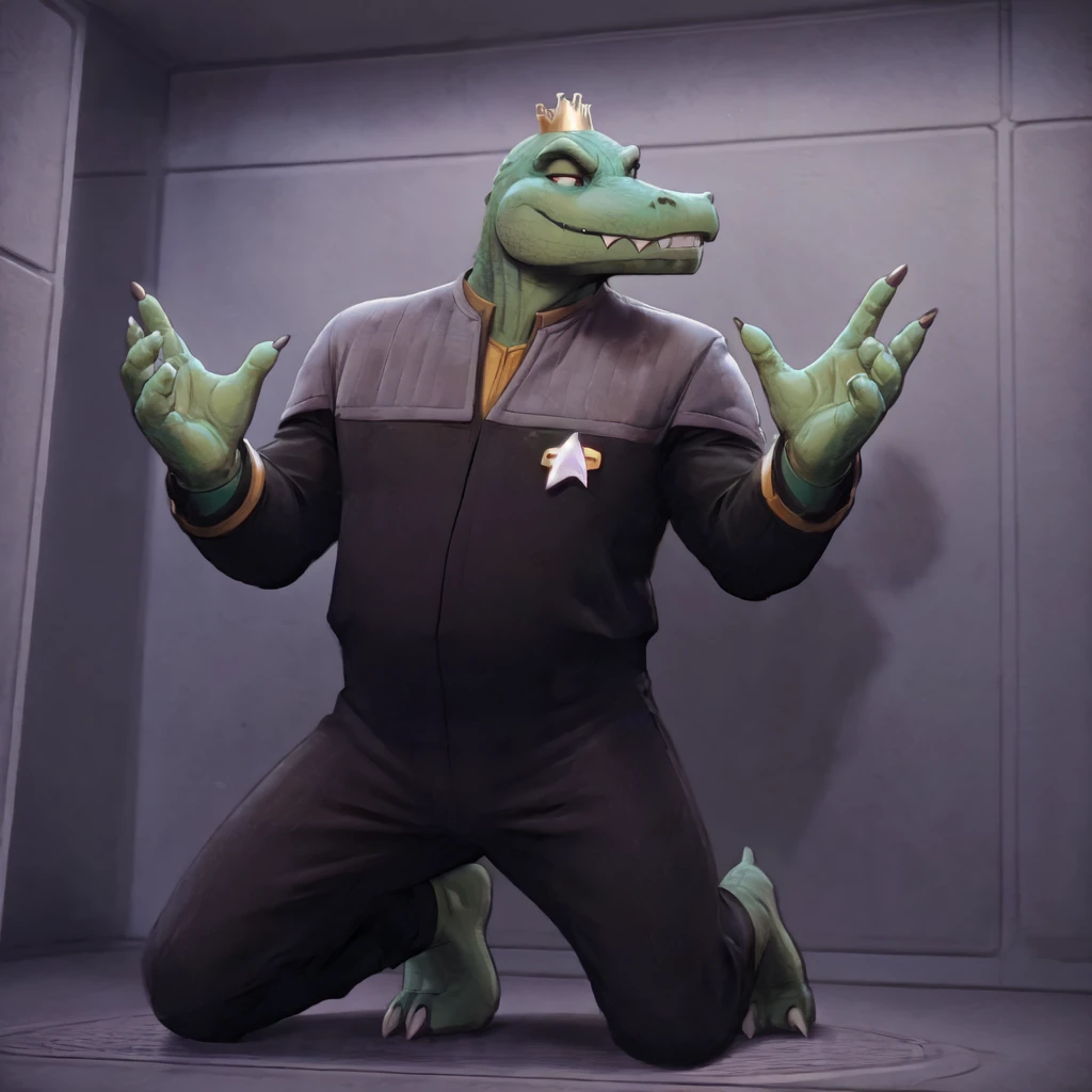 (((Barefoot scaley character, full body, cinematic setting, furry male, plantigrade))) 
Doctor (((kingkrool))), crocodile, green skin, reptile, gold bracelets, scales, bloodshot eye, fat, obese,
exudes confidence and authority, wears star trek DS9 doctor teal uniform, ((ds9st, black and grey star trek uniform, grey shoulders, teal neck, black jumpsuit, black pants)) dynamic pose, (((holding medical tricorder)))
((starship interior with many screens and consoles)), futuristic look, metalic, bright colors
BREAK, intricate details, highly detailed, extreme detail, octane render, fine art, best quality, highres, (detailed face:1.5), ((full_body)), UHD, (((perfect hands))), ((low light:1.5))