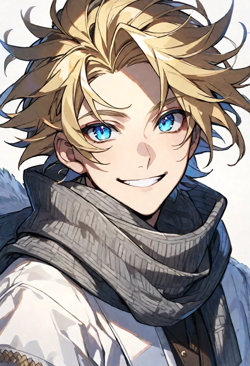Solo, male, blonde hair, blue eyes, white fur coat, gray scarf, smile facial