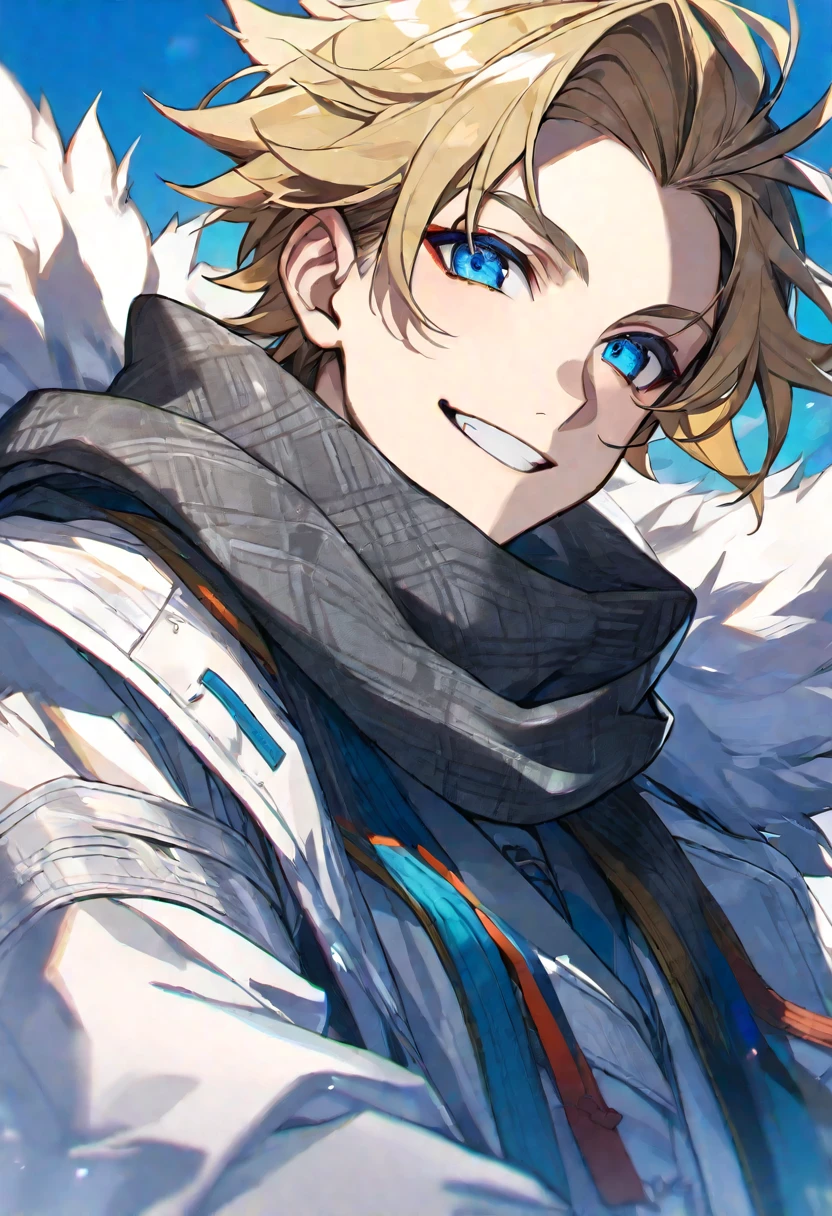 Solo, male, blonde hair, blue eyes, white fur coat, gray scarf, smile facial