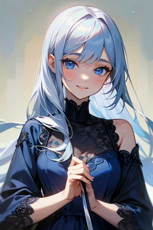(masterpiece: 1.2, Highest quality), (Actual Photos, Intricate details), 1. woman, alone, Upper Body, casual, Shoulder-length hair, Minimal makeup, Natural materials, Face close-up, smile, Home, Long white hair、blue eyes, Shoulder Bare、Smiling with teeth showing、((Navy blue lace dress))、((blue eyes))、Keep the image of your face、