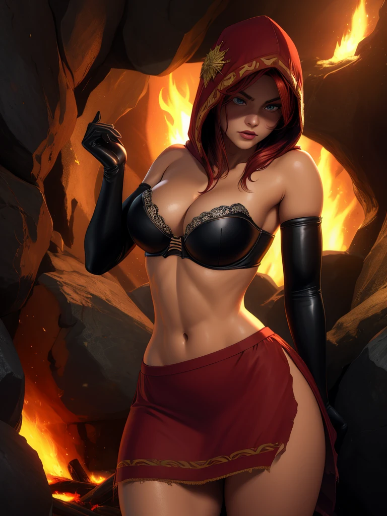 Dsorceress, redhair, shadowy face,dark cave, fire, hood, shadowed face, strapless bra, slim and athletic body, miniskirt, no panty, elbow gloves, dark skin, 1 girl (insanely detailed, masterpiece, best quality)