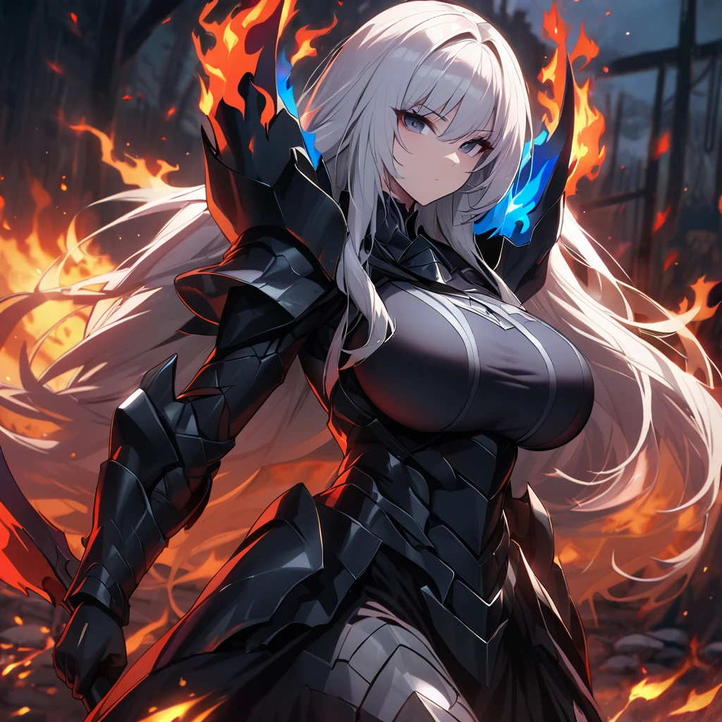 1girl,solo,long hair,white hair color,Jet-black eyes color,lip,super huge breasts,expressionless,Jet-black armor,breasts restrained by armor,fall into darkness,darkness knight,dark sword,burst into flames,dark flame,blue flame,looking at viewer,intent to murder,a contemptuous glance,night,village that was burned to the ground