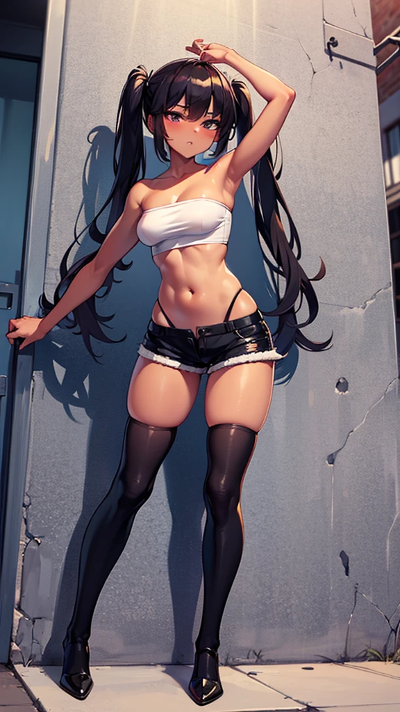 masterpiece, best quality, ultra detailed, 1girl, dark skin, twin tails, thighhighs, (micro short shorts), tube top, full body, street, medium breasts, armpit, 