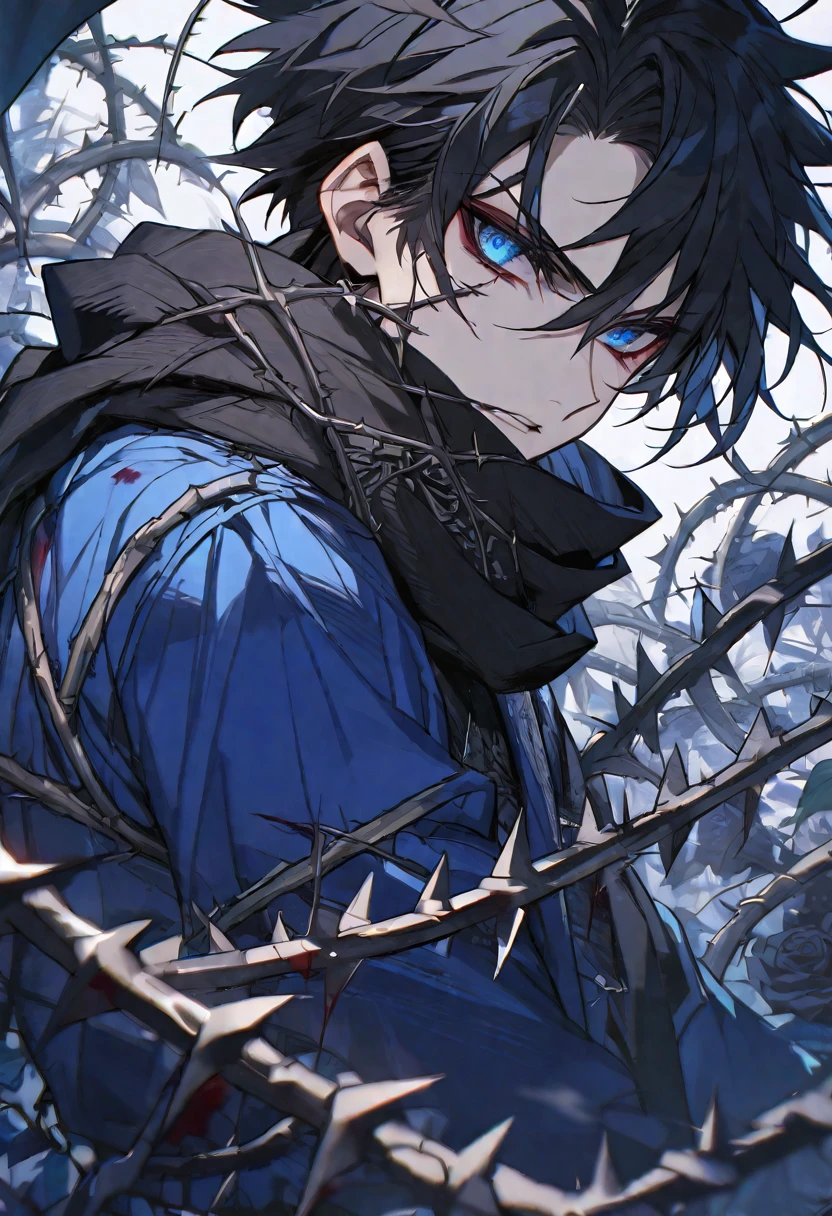 Solo, male, black hair, blue eyes, blue coat, black scarf, black roses, thorns, blood