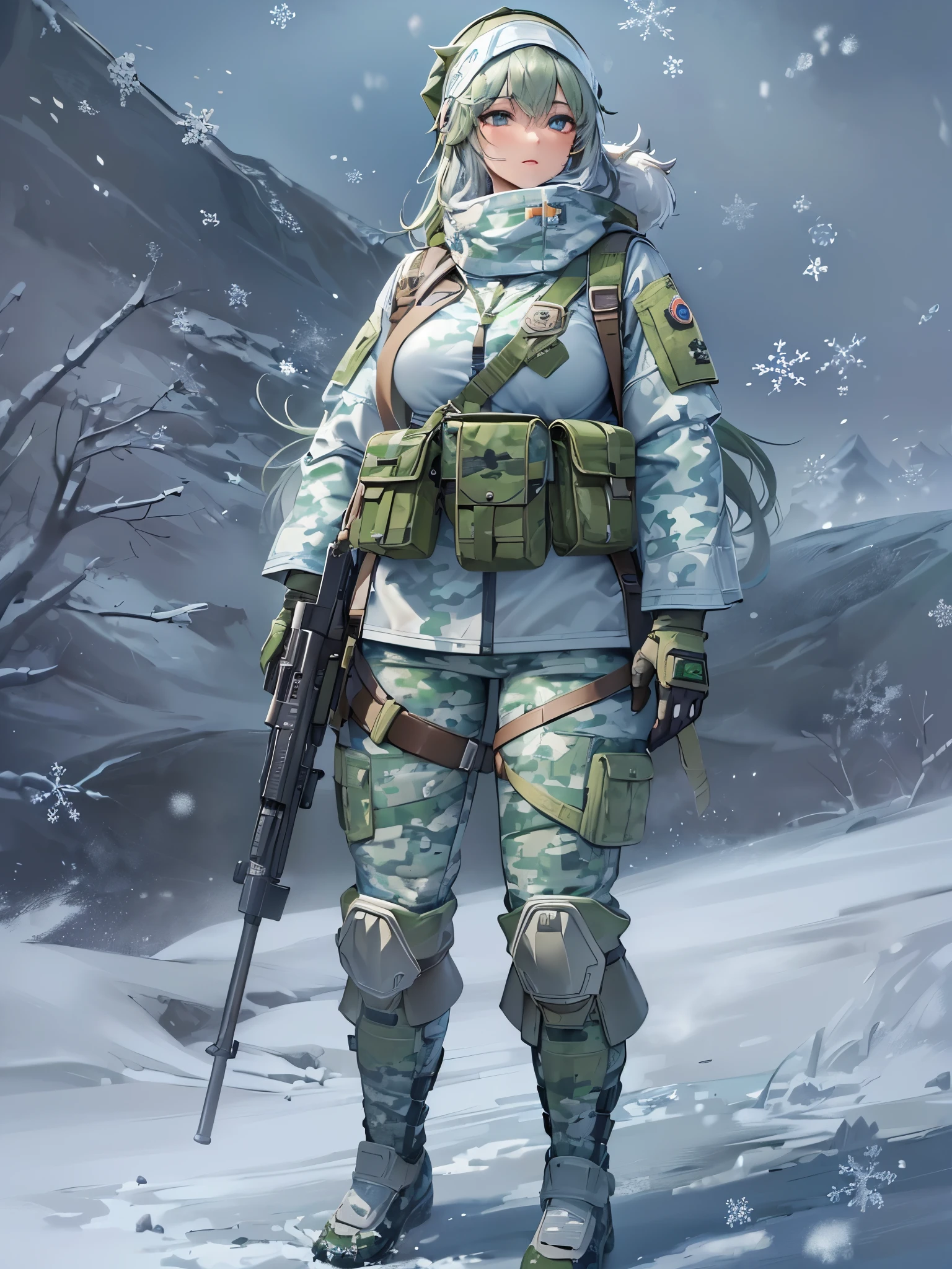 ((Highest quality)),(Ultra-high resolution),(Ultra-detailed new),(Detailed Description),((The best CG)),(masterpiece),Highly detailed art,A wonderful new art form,(Art with precise details:1.5), Frozen Earth:1.6, (Female Soldier:1.4),(Snowfield camouflage uniform:1.6)