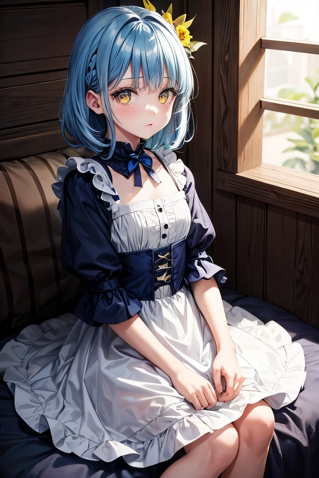 blue hair，Yellow eyes，，dress