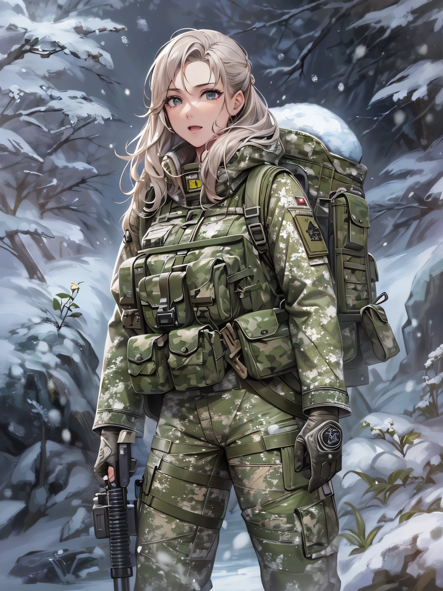 ((Highest quality)),(Ultra-high resolution),(Ultra-detailed new),(Detailed Description),((The best CG)),(masterpiece),Highly detailed art,A wonderful new art form,(Art with precise details:1.5), Frozen Earth:1.6, (Female Soldier:1.4),(Snowfield camouflage uniform:1.6)