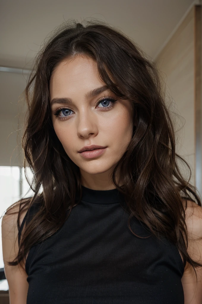 woman 29 years old, long brown little bit curly hair, blue eyes, perrfect face, prroffesional makeup like model, C and wearing black top