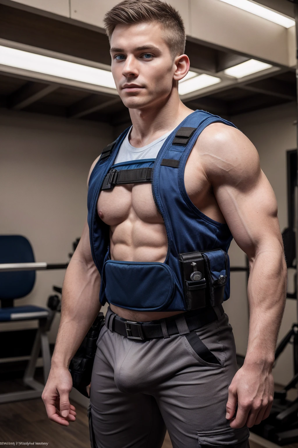 1boy, (Blue Eyes), happy smile,American boy,18 years old,young, thick body, slender, sport body build, child-like,White Teenage boy ,police officer uniform, complete with a blue shirt, tactical vest, cargo pants, and combat boots, utility belt with various law enforcement equipment and accessories, nightstick and a pistol, intricate, high detail, sharp focus, dramatic,pale skin, skinny, good lighting, very pale skin, light skin, model with attractive body,medium bulge and medium butts,(Best quality, 8k, Masterpiece). High Detail , superior quality, natural lighting, beautiful, , correct , good composition,realistic shapes, realistic skin tones,Natural eyes,realistic eyes,looking up at viewer,vpl,realistic muscles,Realistic wrinkles on the skin,Realistic arms and legs,Realistic face,realistic hair,Make a  and  face, Clear Focus: 1.2, Perfect Body virile: 1.4 , Slender Abs: 1.2, Highly detailed face and skin texture, detailed eyes, double eyelids, big upper lip, man focus,amazing composition, front view, HDR, volumetric lighting, ultra quality, elegant,Post a  photoshoot,Realistic pose,detailed hair,full body,Fujifilm XT3 photorealistic art by midjourney