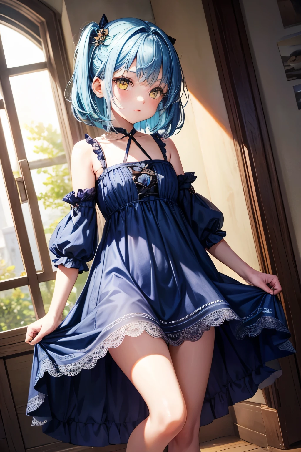 blue hair,Yellow eyes,,dress